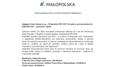 Pomoc finansowa pn. „Małopolskie OSP 2024” dla gmin z przeznaczeniem dla jednostek OSP – samochody i quady